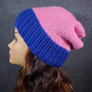 Blue n Pink Slouchy Beanie – Hand-Knitted Hat, Unisex Adult & Teen